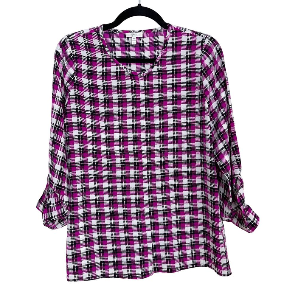 Joie XSmall XS Karina Silk Plaid Blouse Top Pink Black White Roll Tab Sleeves